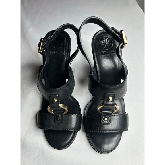 Tory Burch Fletcher Black Leather Heeled Sandal Size 7.5  barely used black - Picture 1 of 11